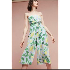 SALE Anthropologie Maeve Jumpsuit 4 Petite Lemon Grove Strapless Wide Leg Romper